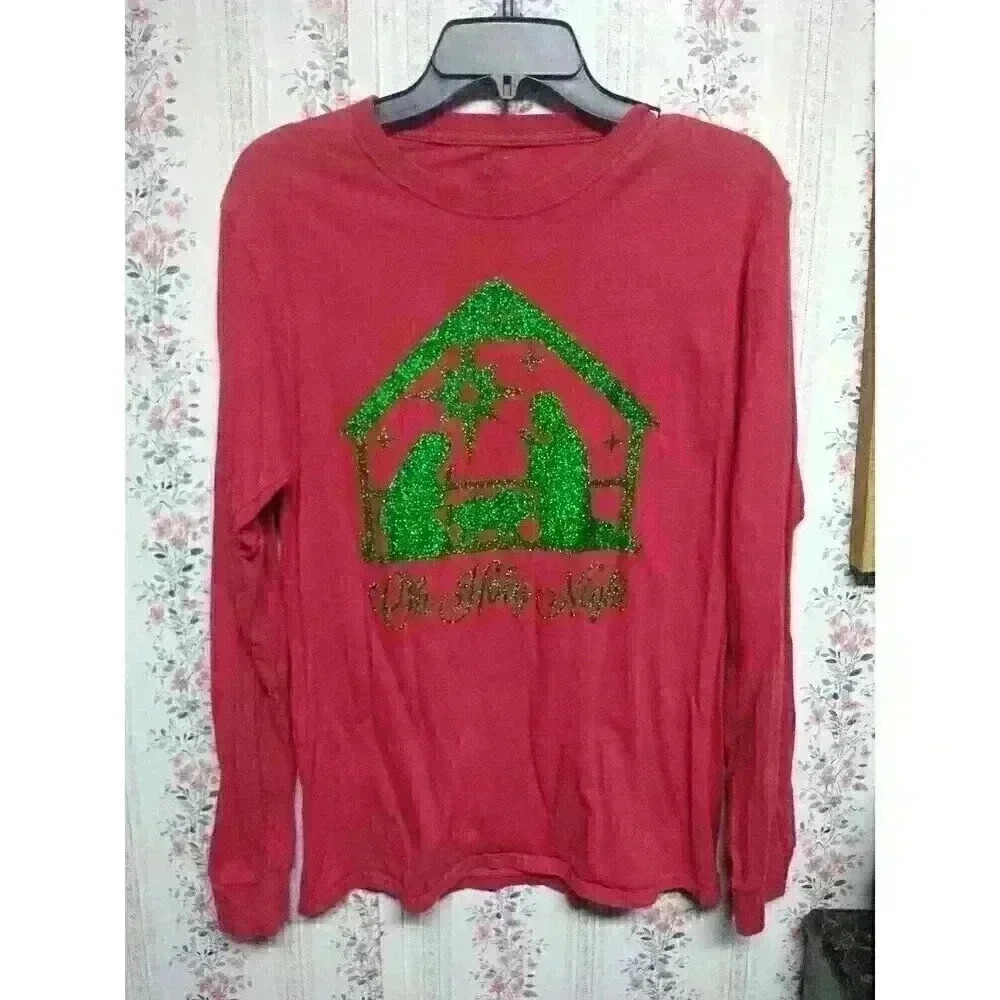 Fruit Of The Loom Women's Red Long Sleeve Shirt Size S Christmas O Holy Night